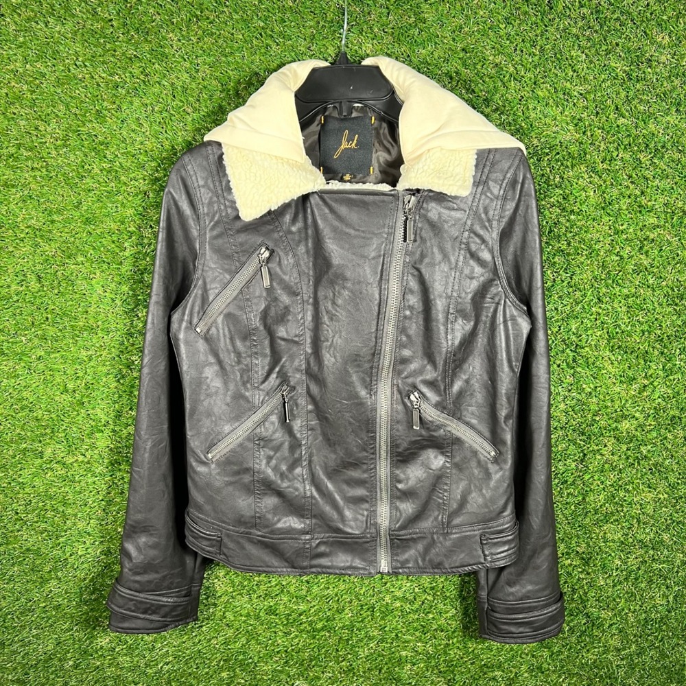 Jack by BB Dakota Dark Brown Faux Leather‎ Jacket with Hood Cream Shearling M